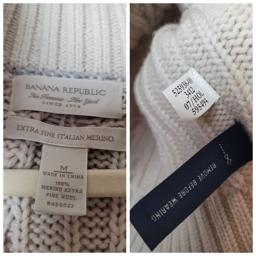 Vintage Banana Republic Extra Fine Merino‎ Wool Cable Knit Sweater